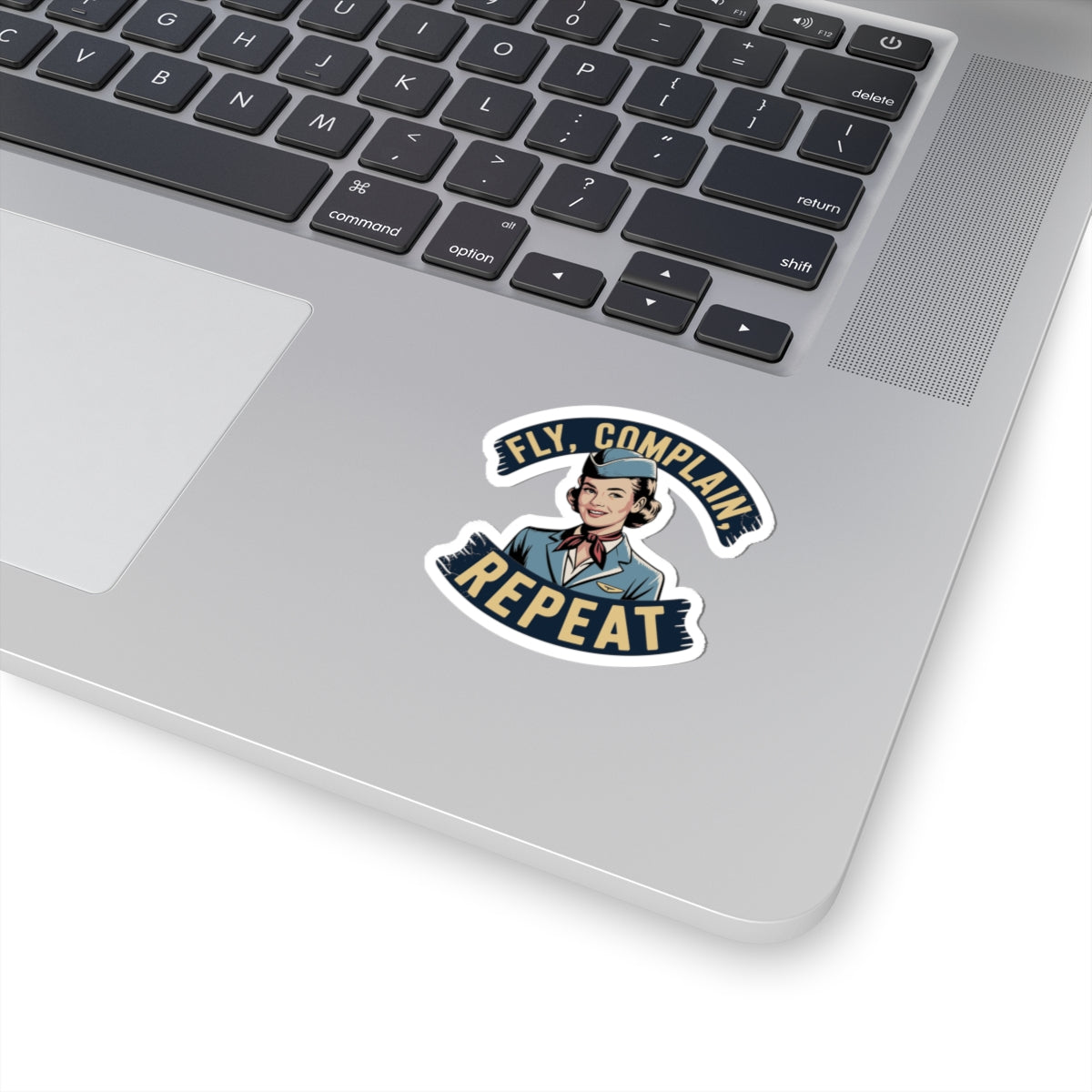Fly Complain Repeat Sticker | Retro Flight Attendant Badge, Kiss-Cut Vinyl