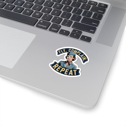 Fly Complain Repeat Sticker | Retro Flight Attendant Badge, Kiss-Cut Vinyl