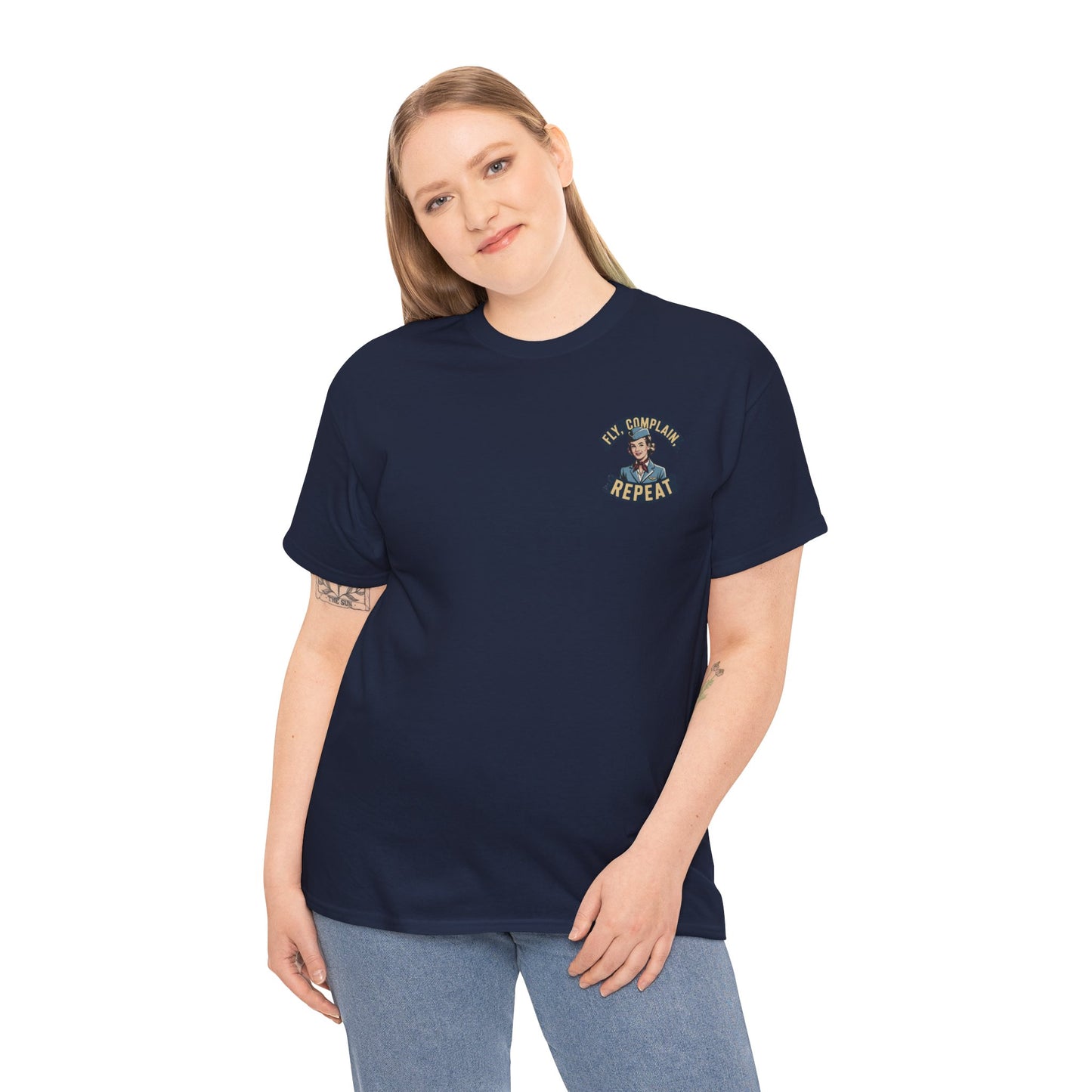 Vintage Flight Attendant Design T-Shirt | Fly Complain Repeat