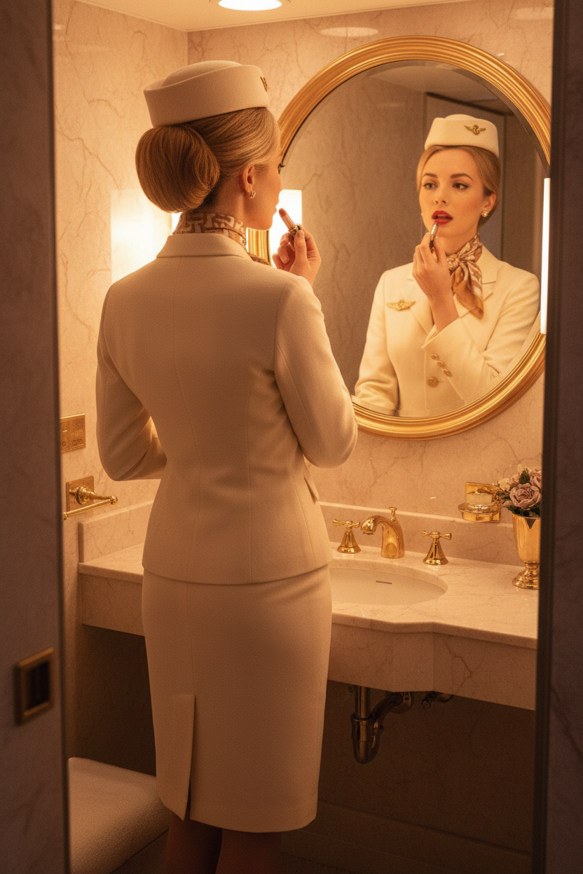 Comissária de bordo com tons dourados