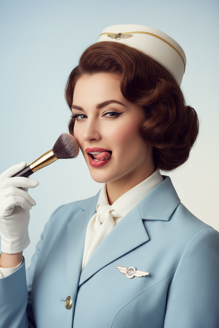 Sassy vintage cabin crew winking and applying makeup